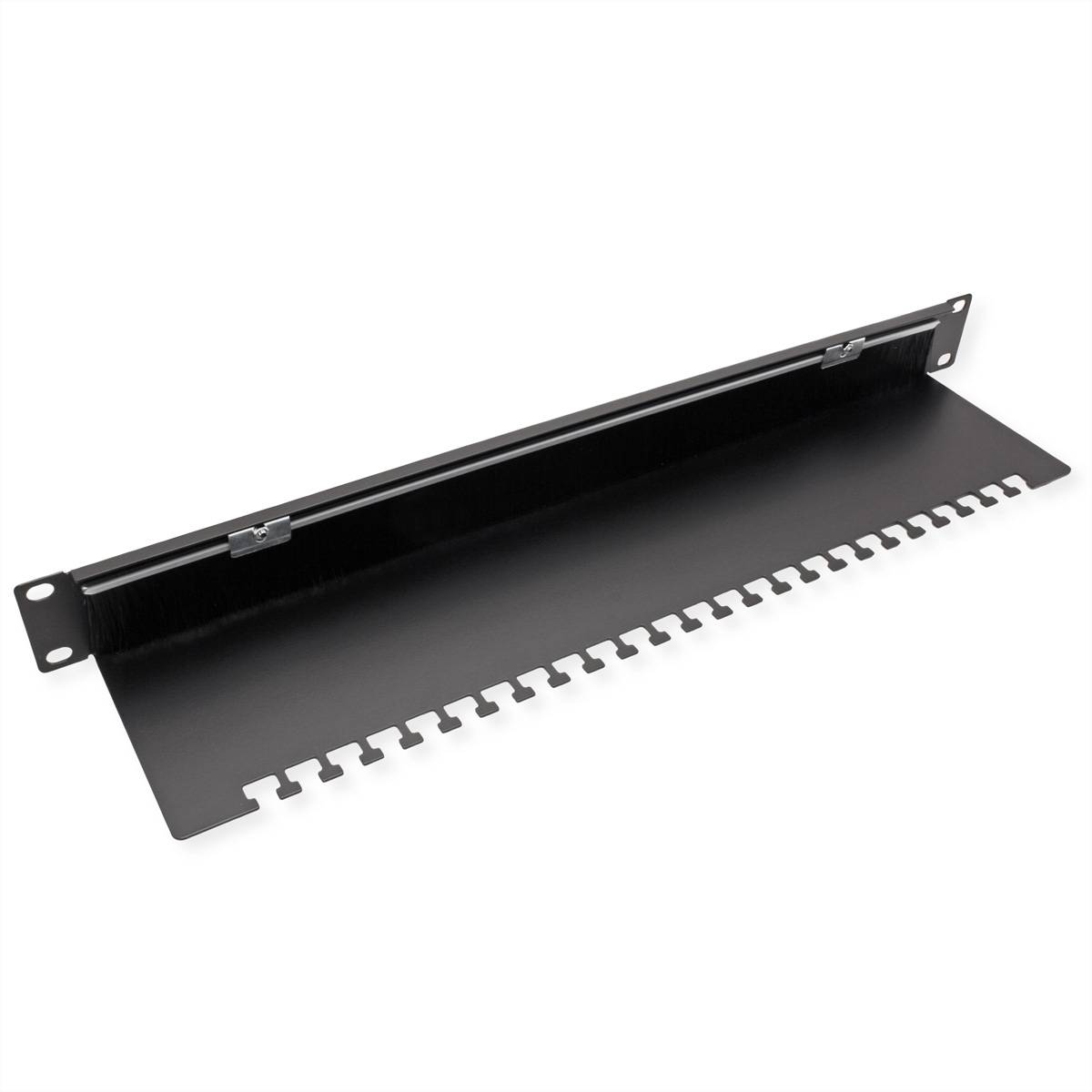 Ein schwarzes 1U-Kabelmanagement-Panel mit gleichmäßig verteilten Schlitzen und Montagehalterungen zur Organisation von Kabeln in einer Server-Rack-Installation.