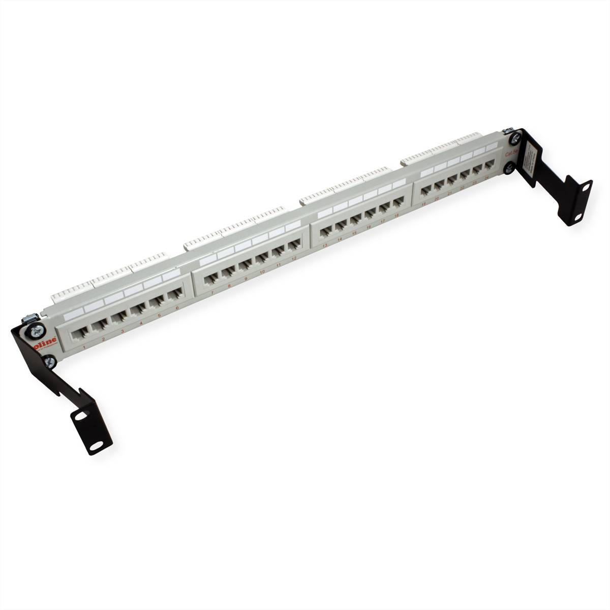 Ein weißes Netzwerk-Patchfeld mit mehreren Ethernet-Anschlüssen, die in zwei Reihen angeordnet sind und zur Kabelverwaltung und Netzwerkorganisation konzipiert wurden.