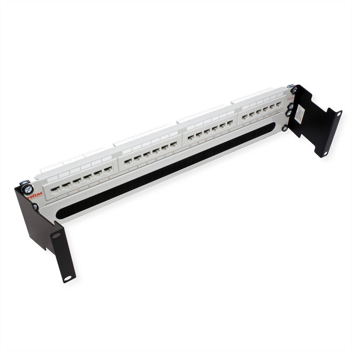 Ein 24-Port-Patchfeld in einem rackmontierbaren Rahmen mit nummerierten RJ45-Anschlüssen für Netzwerkkabelverbindungen und schwarzen Montageklammern.