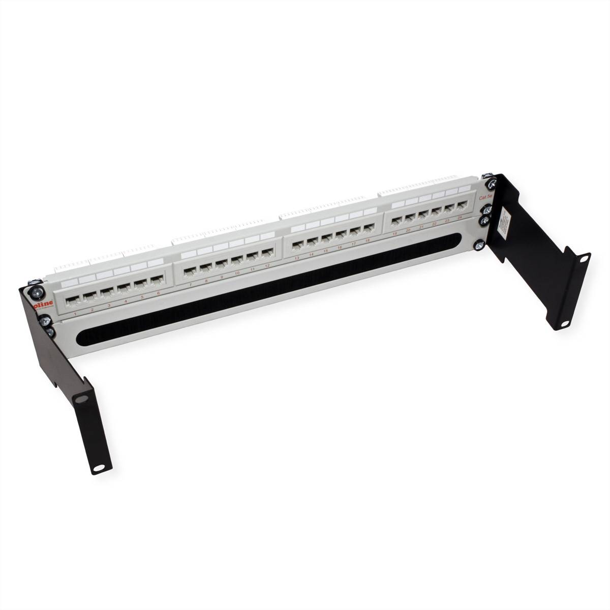 Ein weißes 24-Port-Netzwerk-Patchpanel mit schwarzen Befestigungsklammen auf beiden Seiten, das zur Verwaltung von Ethernet-Kabeln in einem Rechenzentrum verwendet wird.