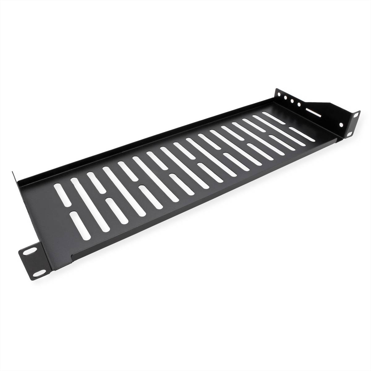 Ein schwarzes Metallregal, das zur Montage in einem Serverrack konzipiert ist und eine belüftete Basis für Luftzirkulation sowie Seitenbefestigungen mit Schraubenlöchern bietet.