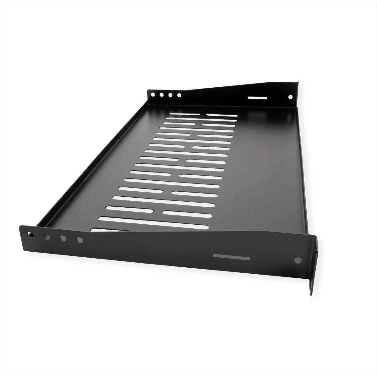 Schwarzes Metallregal für Rackmontagezwecke mit Lüftungslöchermuster, konzipiert zum Halten von Ausrüstung in Serverracks oder Schränken.