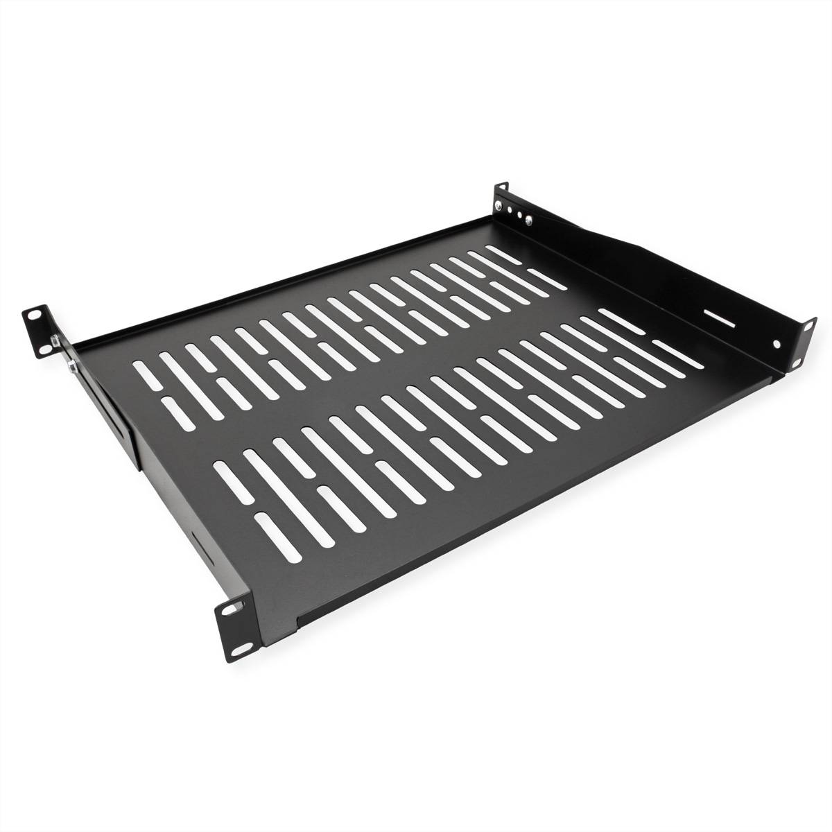 Ein schwarzes Metall-Rackmontageregal mit schlitzförmiger Belüftung, geeignet zur Unterstützung von Geräten in einem Serverrack.
