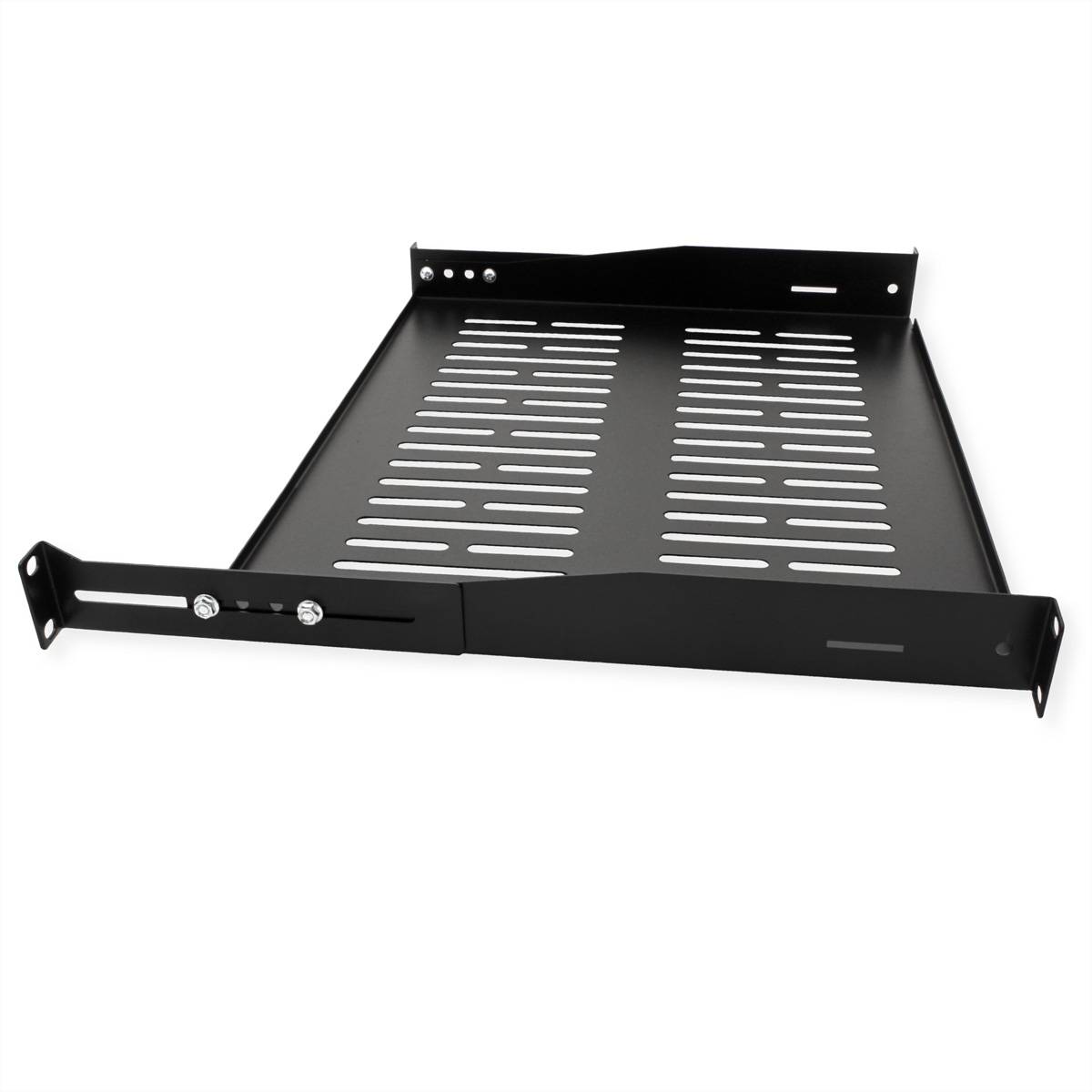 Schwarzes Metallregal mit Belüftung für Serverschränke, Oberfläche mit Schlitzlüftungen für Luftzirkulation, vier Befestigungslöcher auf jeder Seite für sichere Installation.