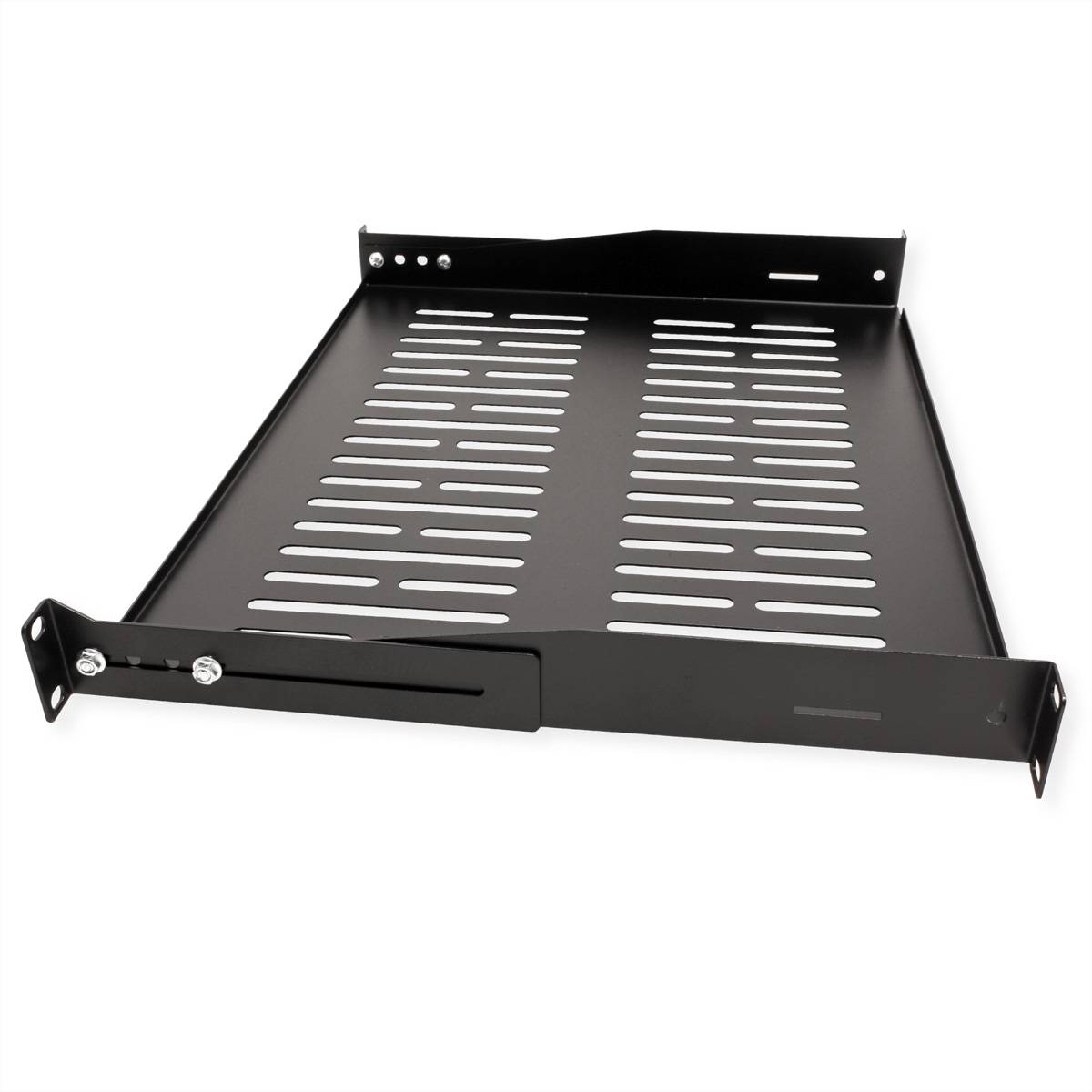 Ein schwarzes verstellbares Regalfach mit Schlitzdesign und Befestigungshalterungen, ideal zur Unterstützung und Organisation von Geräten in einem Racksystem.