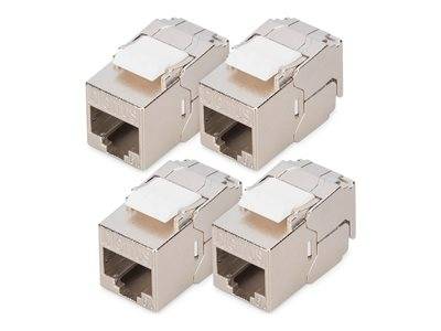 Vier silberfarbene Metall-Keystone-Buchsen in zwei Reihen angeordnet. Jede hat einen offenen Anschluss und eine Scharnierlasche oben zum Befestigen von Kabeln.