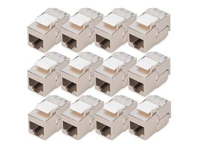 Zwölf ungeschirmte RJ45-Ethernet-Keystone-Buchsen in einem Rasterformat angeordnet, jeweils mit beigefarbigem Gehäuse und weißen Kappen, geeignet für Netzwerkkabelung.