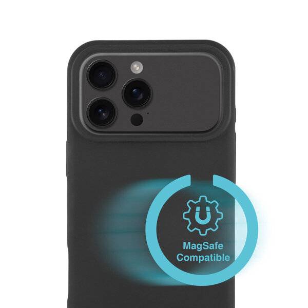 Schwarze Smartphone-Hülle mit dreifachem Kamera-Ausschnitt und blauem MagSafe-kompatiblem Logo, das magnetische Ladefunktion unterstützt.