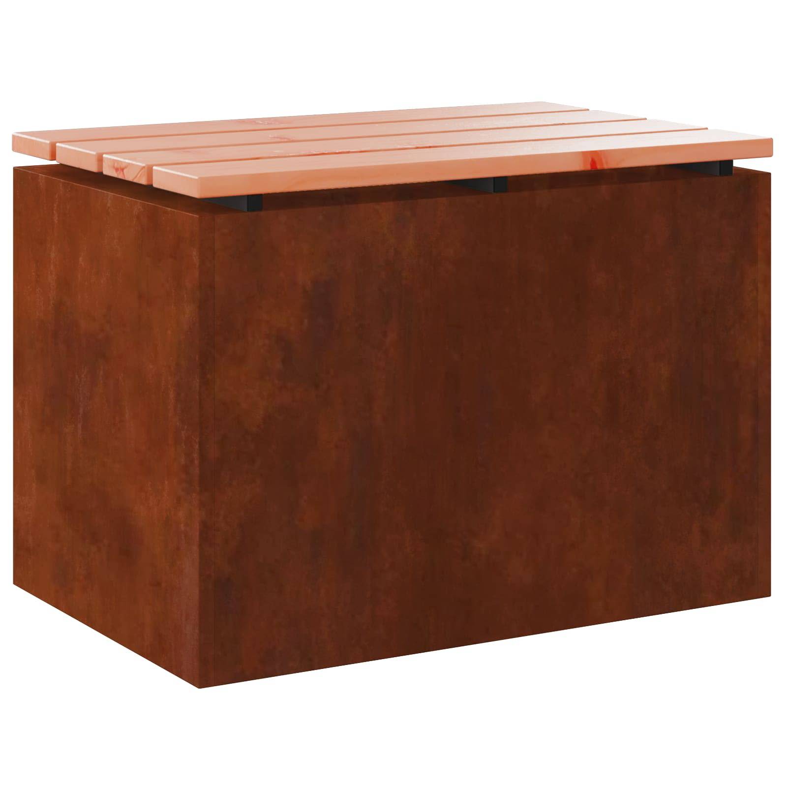 Eine braune rechteckige Aufbewahrungsbox mit einem flachen Deckel aus Lamellenholz.