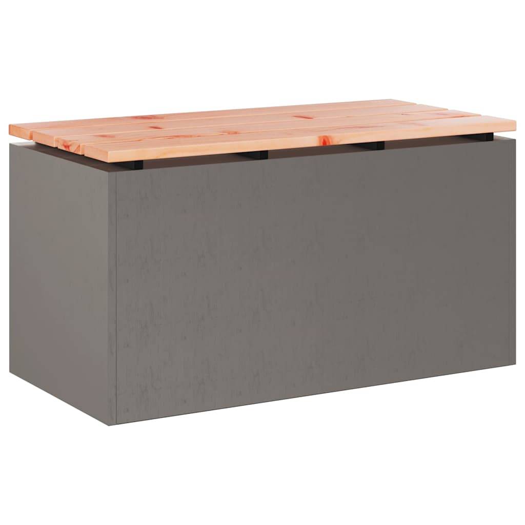 Eine rechteckige Aufbewahrungsbox mit einem Holzdeckel und grauen Seitenwänden.