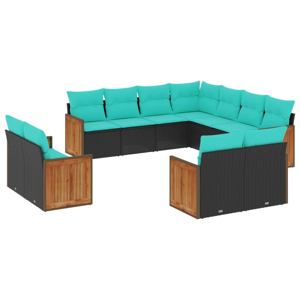 vidaXL 11-teiliges Gartensofa-Set mit Kissen, schwarzes Polyrattan