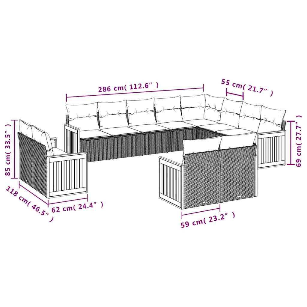 vidaXL 12-teiliges Gartensofa-Set mit Kissen, schwarzes Polyrattan