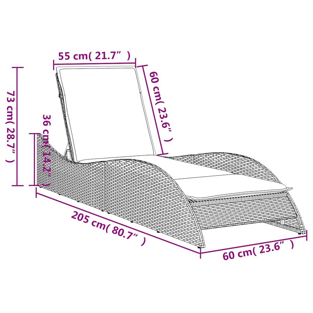vidaXL Sonnenliege mit Kissen Braun 60x205x73 cm Poly Rattan