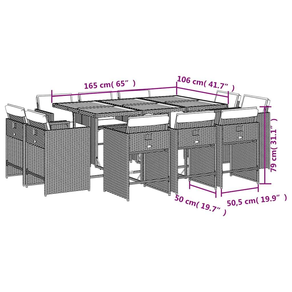Diagramm eines Esstisches mit acht Stühlen. Die Abmessungen sind dargestellt: Der Tisch ist 165 cm lang, 106 cm breit und die Stühle sind 50 cm tief.