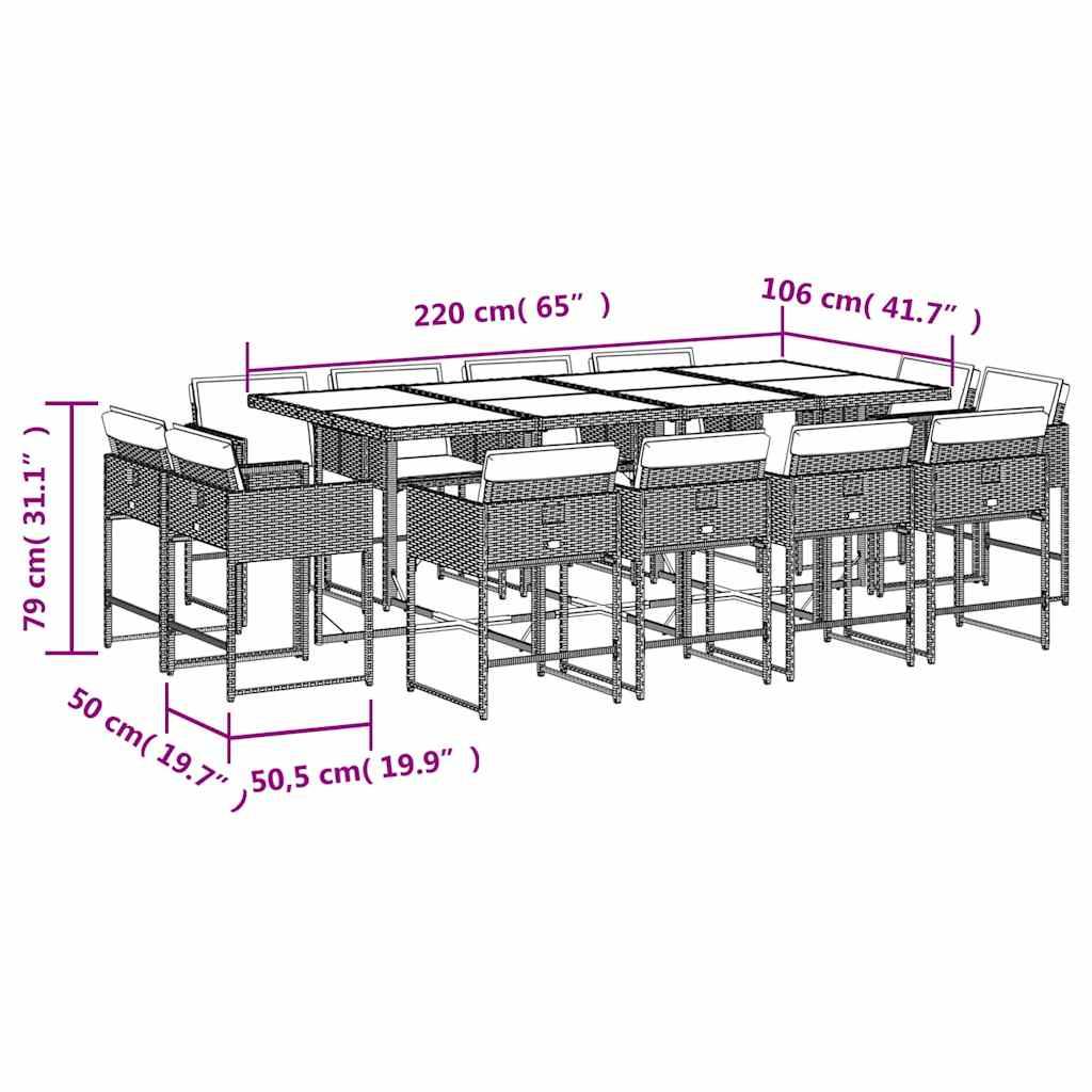 Abmessungen des Outdoor-Speisesatzes: Tisch 220cm x 106cm x 79cm, Stühle 50cm x 50,5cm, Höhe 79cm. Abmessungen in cm und Zoll.
