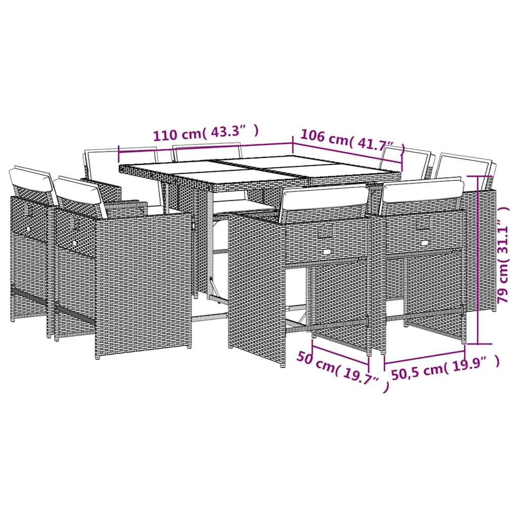 vidaXL 9-tlg. Garten-Essgruppe mit Kissen Braun Poly Rattan