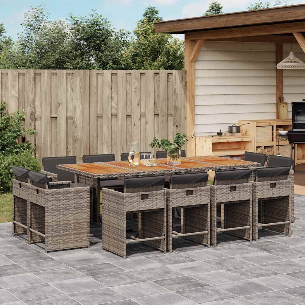 vidaXL 13-tlg. Garten-Essgruppe mit Kissen Grau Poly Rattan