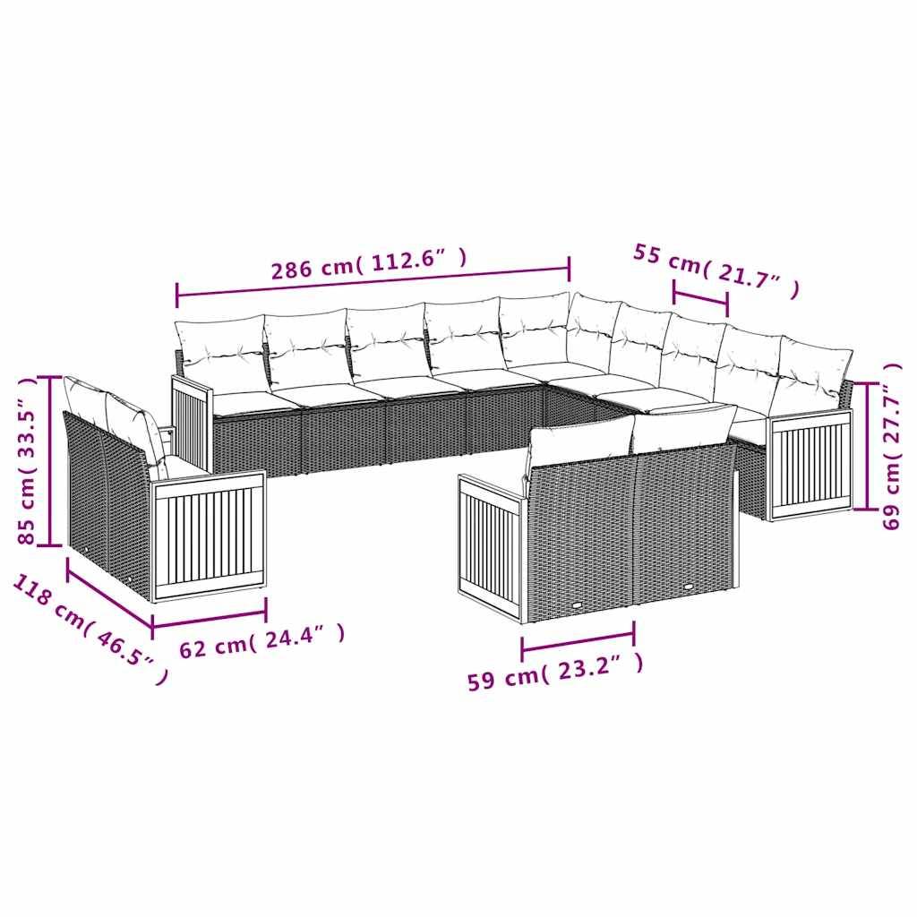 vidaXL 13-teiliges Gartensofa-Set mit Kissen, schwarzes Polyrattan