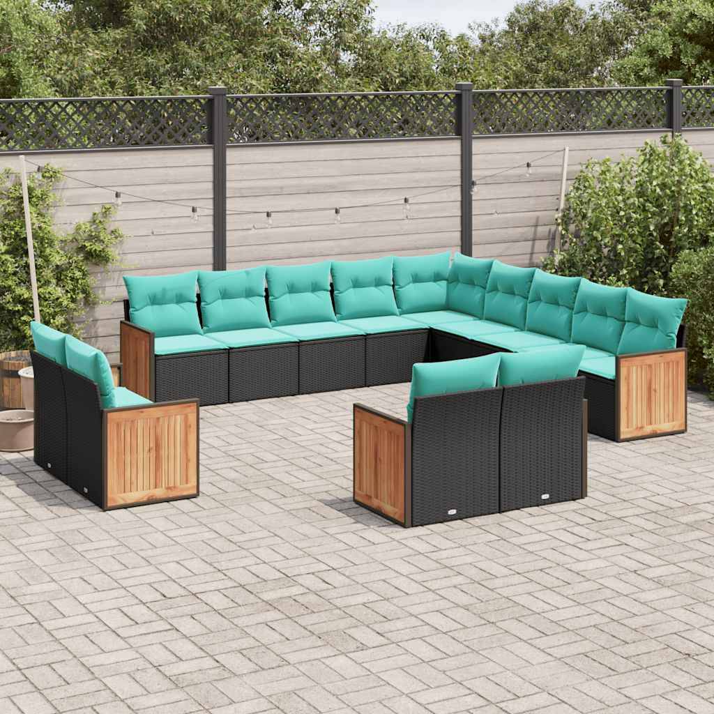vidaXL 13-teiliges Gartensofa-Set mit Kissen, schwarzes Polyrattan