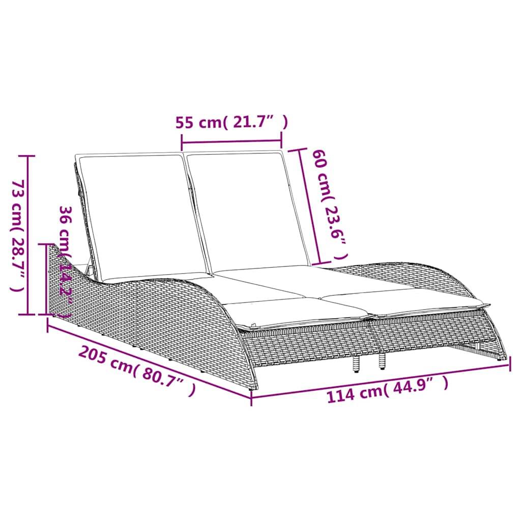 vidaXL Sonnenliege mit Kissen Schwarz 114x205x73 cm Poly Rattan