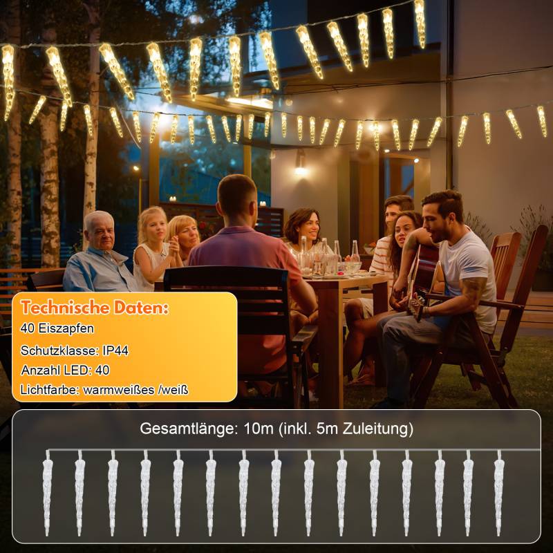 LED-Lichterkette mit 40 Eiszapfen, 5M LED Lichtervorhang Fenster Party Deko Warmweiß
