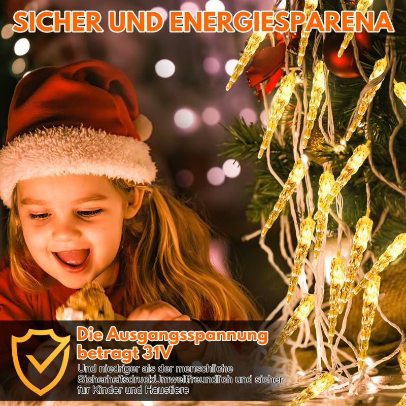 LED-Lichterkette mit 40 Eiszapfen, 5M LED Lichtervorhang Fenster Party Deko Warmweiß