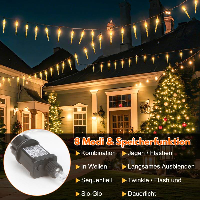 5M 40 LED Eiszapfen Lichtervorhang Warmweiß Lichterkette 8 Lichtmodi Weihnachten Deko