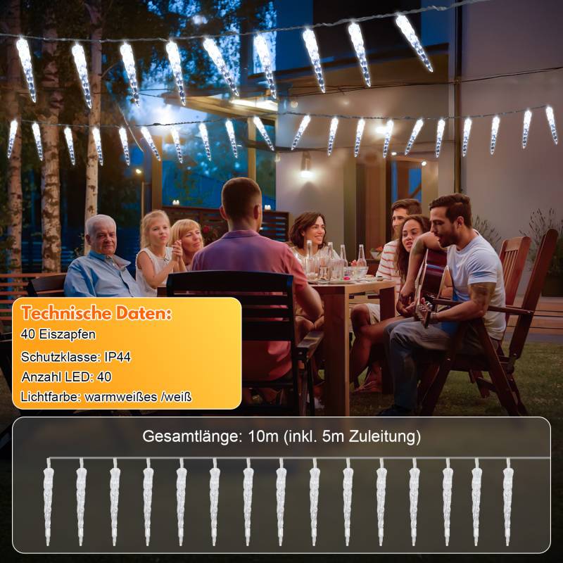LED-Lichterkette mit 40 Eiszapfen, 5M LED Lichtervorhang Fenster Party Deko Kaltweiß