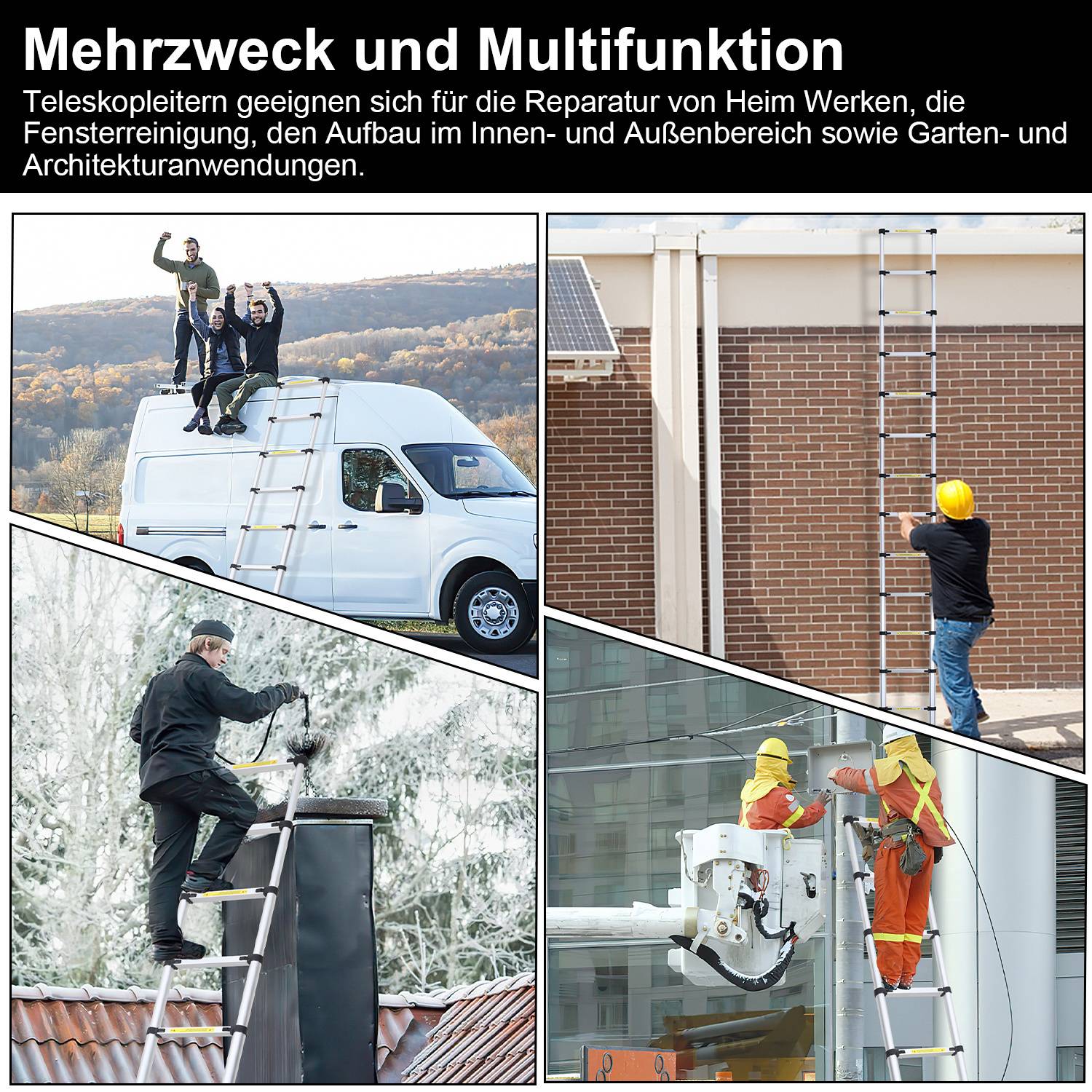 Aluminium Teleskopleiter 4,4M, Leiter Ausziehbar, Klappleiter, Mehrzweckleiter, Stehleiter, Haushaltsleiter, Außenleiter, 150 kg Belastbarkeit