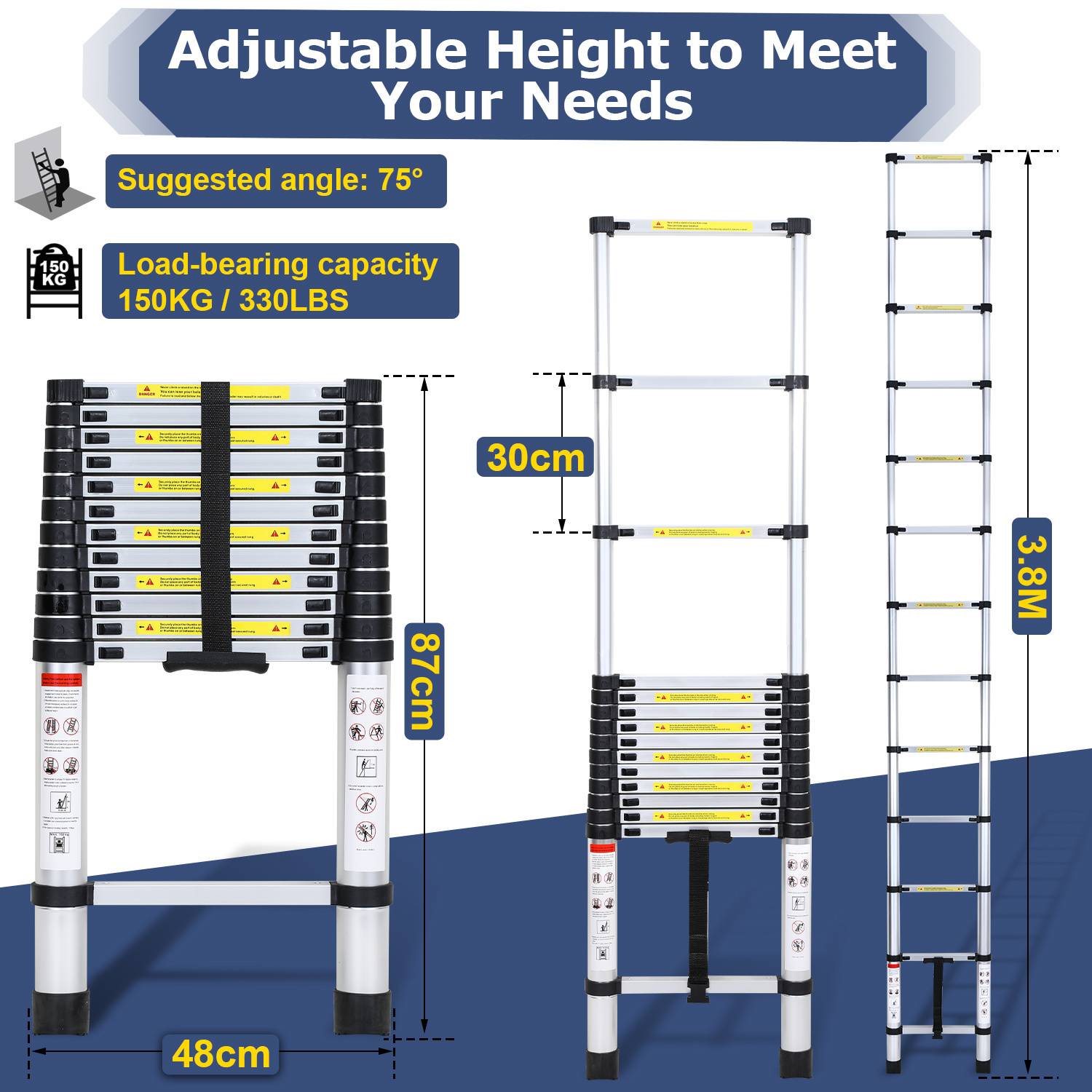 Premium Alu Teleskopleiter Ausziehleiter Klappleiter Höhe 3,8M Antirutsch Mehrzweckleiter