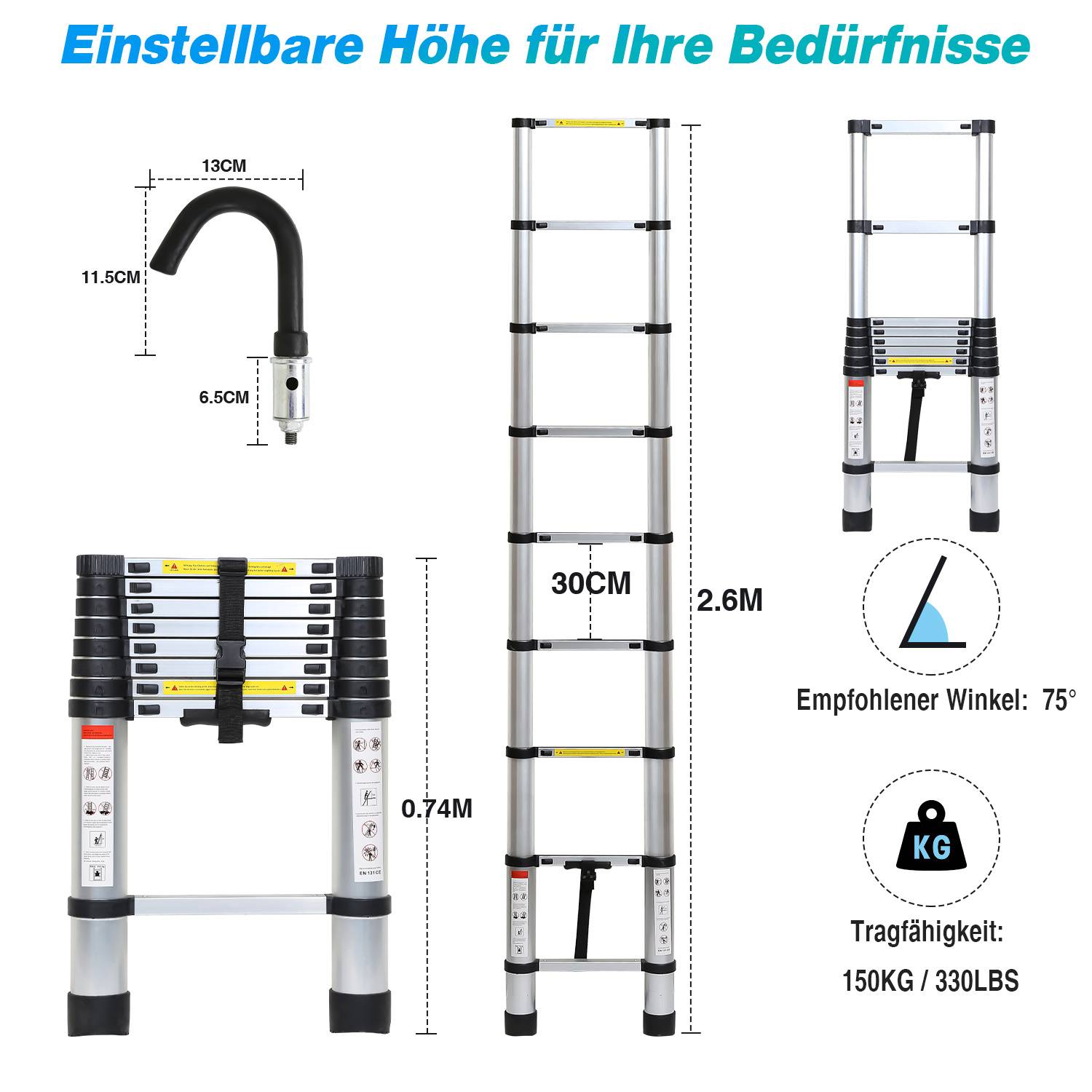 Infografik einer ausziehbaren Mehrpositions-Leiter mit verstellbarer Höhe von 0,74 m bis 2,6 m, 30 cm Sprosenabstand, 150 kg Tragfähigkeit und 75° empfohlenem Winkel.
