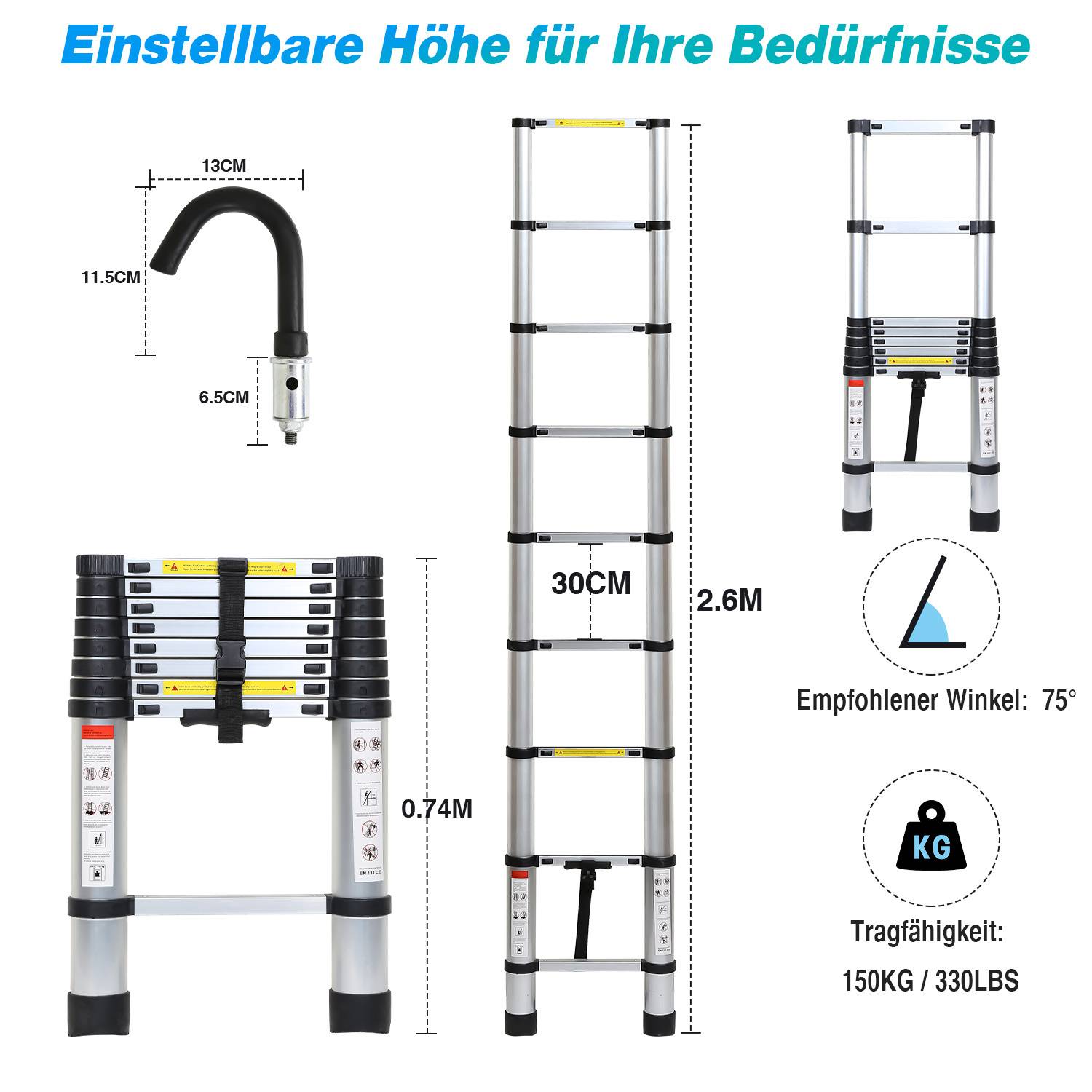 Premium Alu Teleskopleiter Ausziehleiter Klappleiter Höhe 2,6M Silber Antirutsch Mehrzweckleiter mit Abnehmbaren Haken