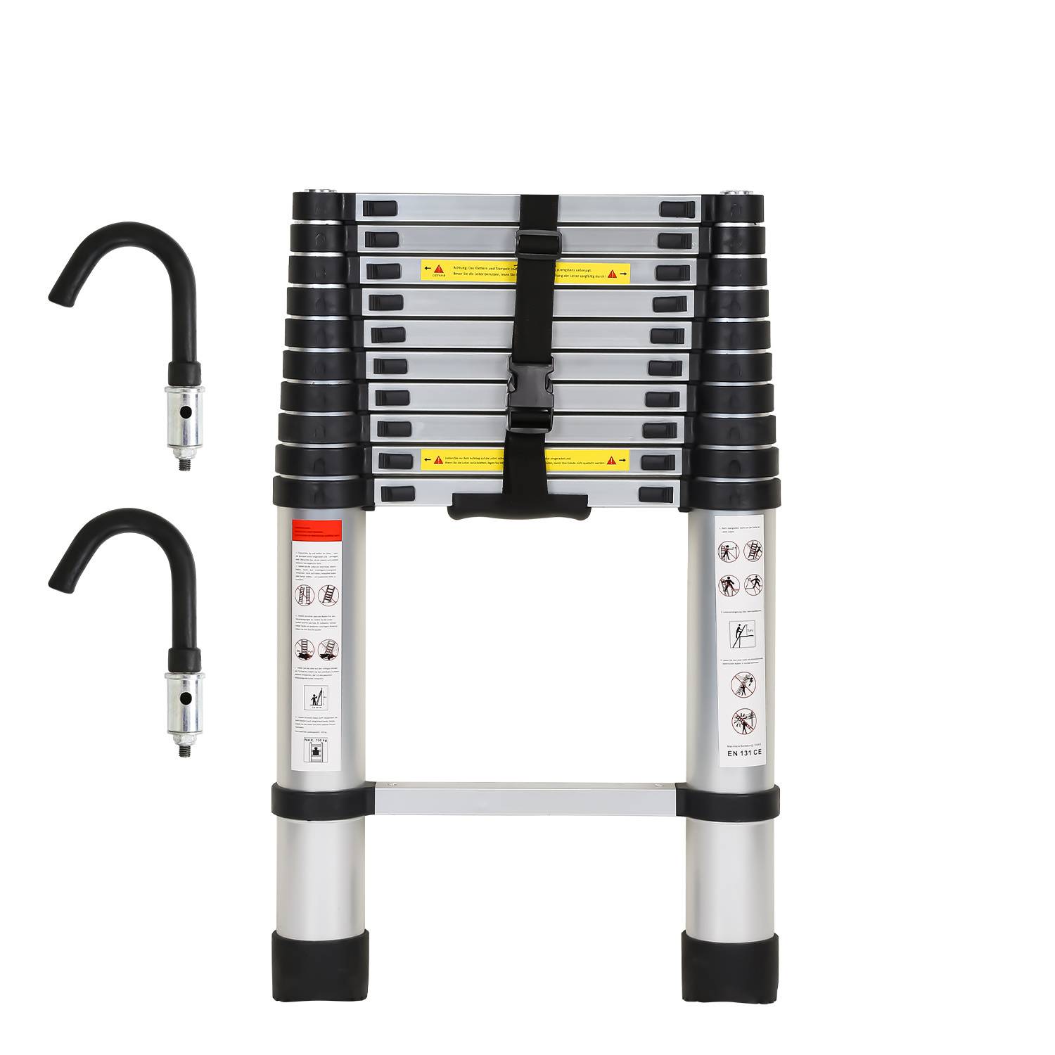 Aluminium Teleskopleiter 3,2M Silber, Leiter Ausziehbar mit Abnehmbaren Haken, Klappleiter, Mehrzweckleiter, Stehleiter, Haushaltsleiter