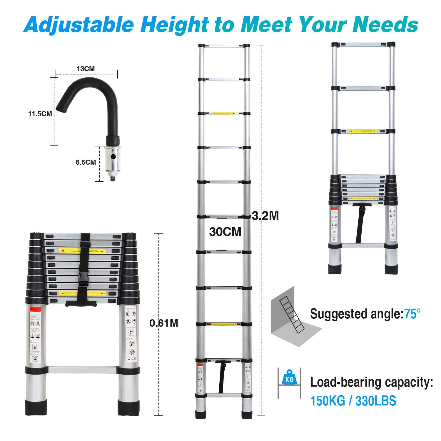 Premium Alu Teleskopleiter Ausziehleiter Klappleiter Höhe 3,2M Silber Antirutsch Mehrzweckleiter mit Abnehmbaren Haken