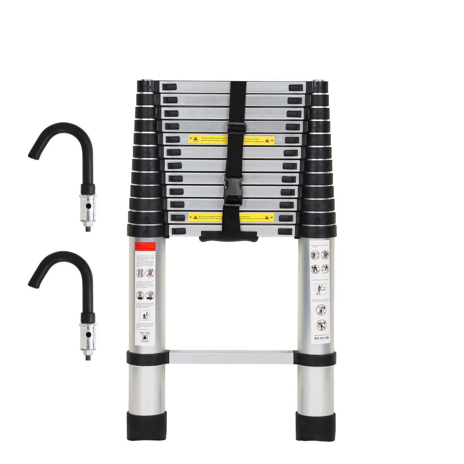 Aluminium Teleskopleiter 3,8M Silber, Leiter Ausziehbar mit Abnehmbaren Haken, Klappleiter, Mehrzweckleiter, Stehleiter, Haushaltsleiter