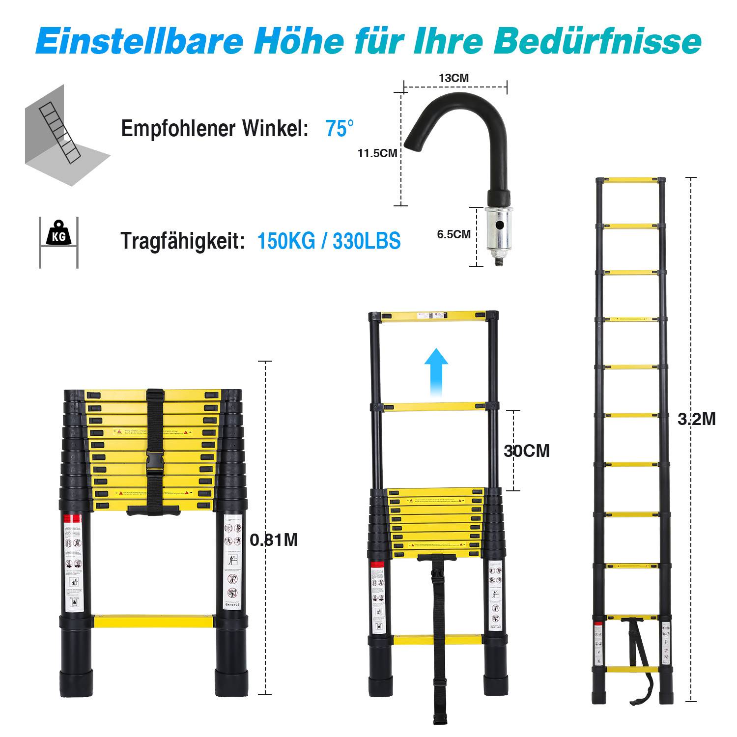 Premium Alu Teleskopleiter Ausziehleiter Klappleiter Höhe 3,2M schwarz Antirutsch Mehrzweckleiter mit Abnehmbaren Haken