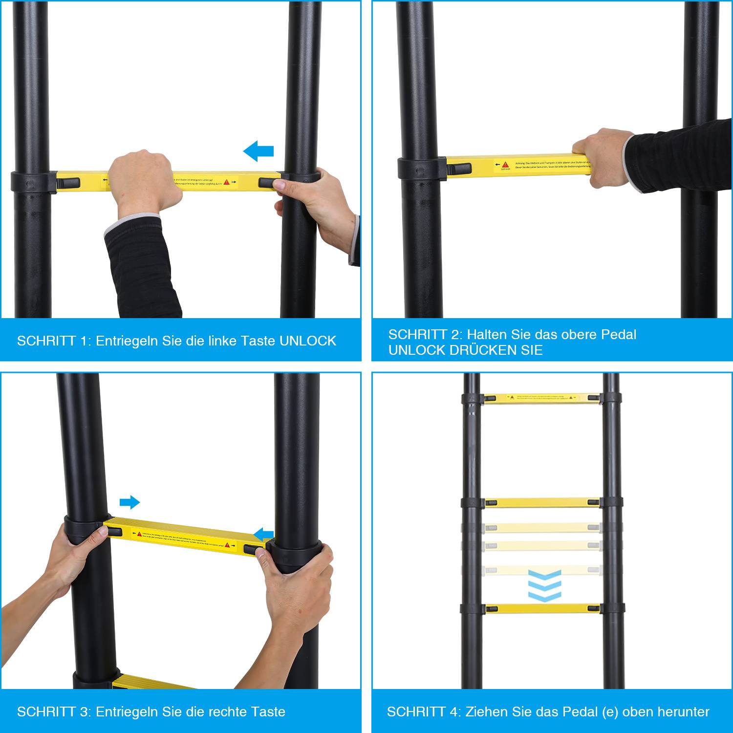Aluminium Teleskopleiter 4,4M schwarz, Leiter Ausziehbar mit Abnehmbaren Haken, Klappleiter, Mehrzweckleiter, Stehleiter, Haushaltsleiter
