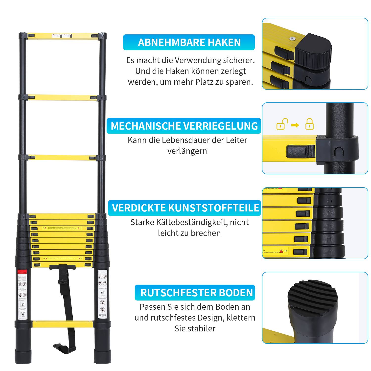 Kommentiertes Produktbild einer Klappleiter mit Hervorhebung abnehmbarer Haken, mechanischer Verriegelung, verstärkter Kunststoffteile und rutschfesten Füßen.