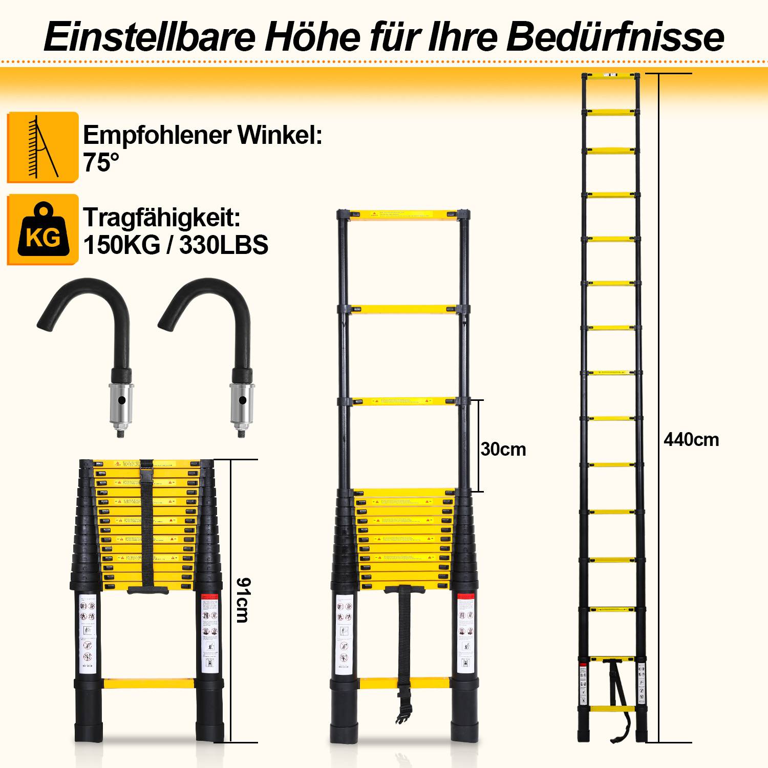 Aluminium Teleskopleiter 4,4M schwarz, Leiter Ausziehbar mit Abnehmbaren Haken, Klappleiter, Mehrzweckleiter, Stehleiter, Haushaltsleiter