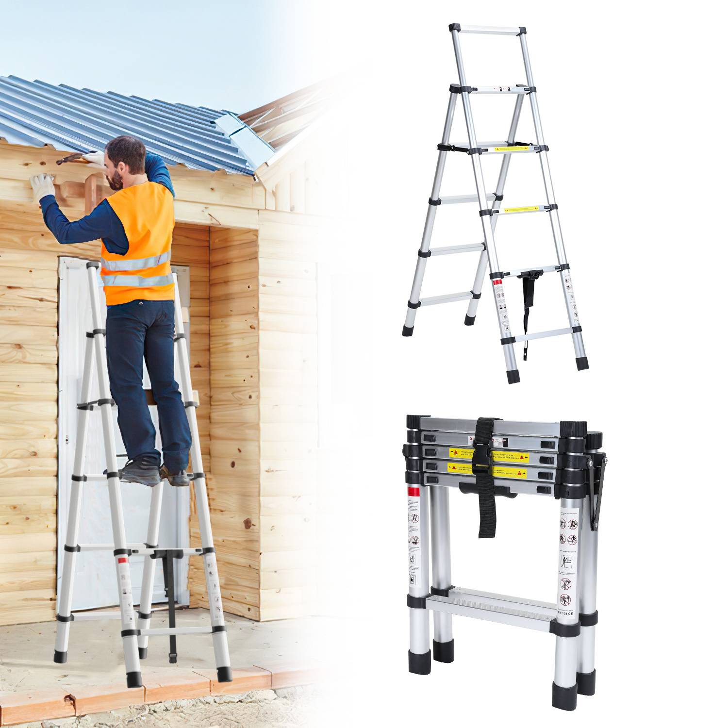 Aluminium Teleskopleiter 1,7M Silber, Leiter Ausziehbar Klappleiter, Mehrzweckleiter, Stehleiter, Haushaltsleiter, Außenleiter, 150 kg Belastbarkeit