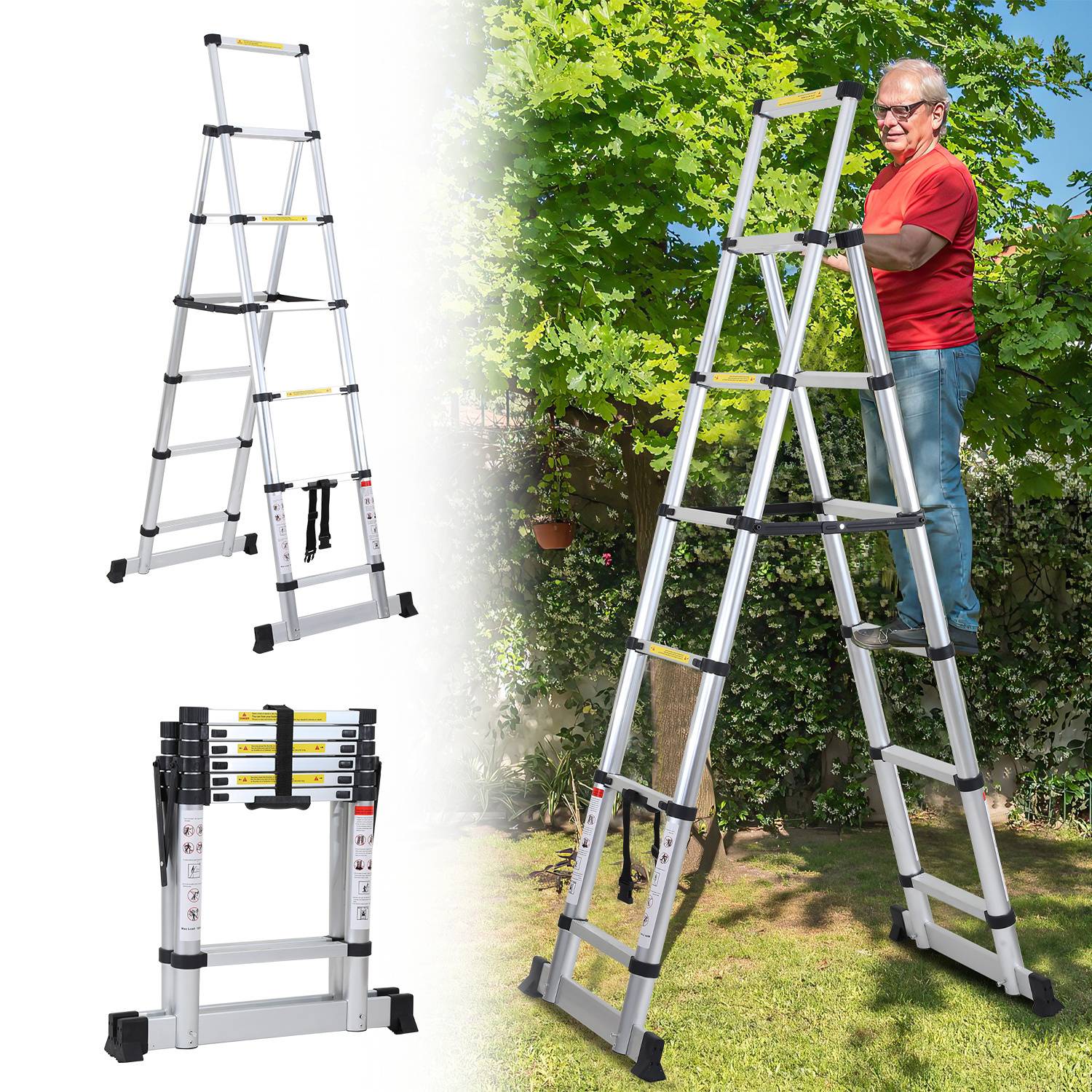 Aluminium Teleskopleiter 2,0M Silber, Leiter Ausziehbar Klappleiter, Mehrzweckleiter, Stehleiter, Haushaltsleiter, Außenleiter, 150 kg Belastbarkeit