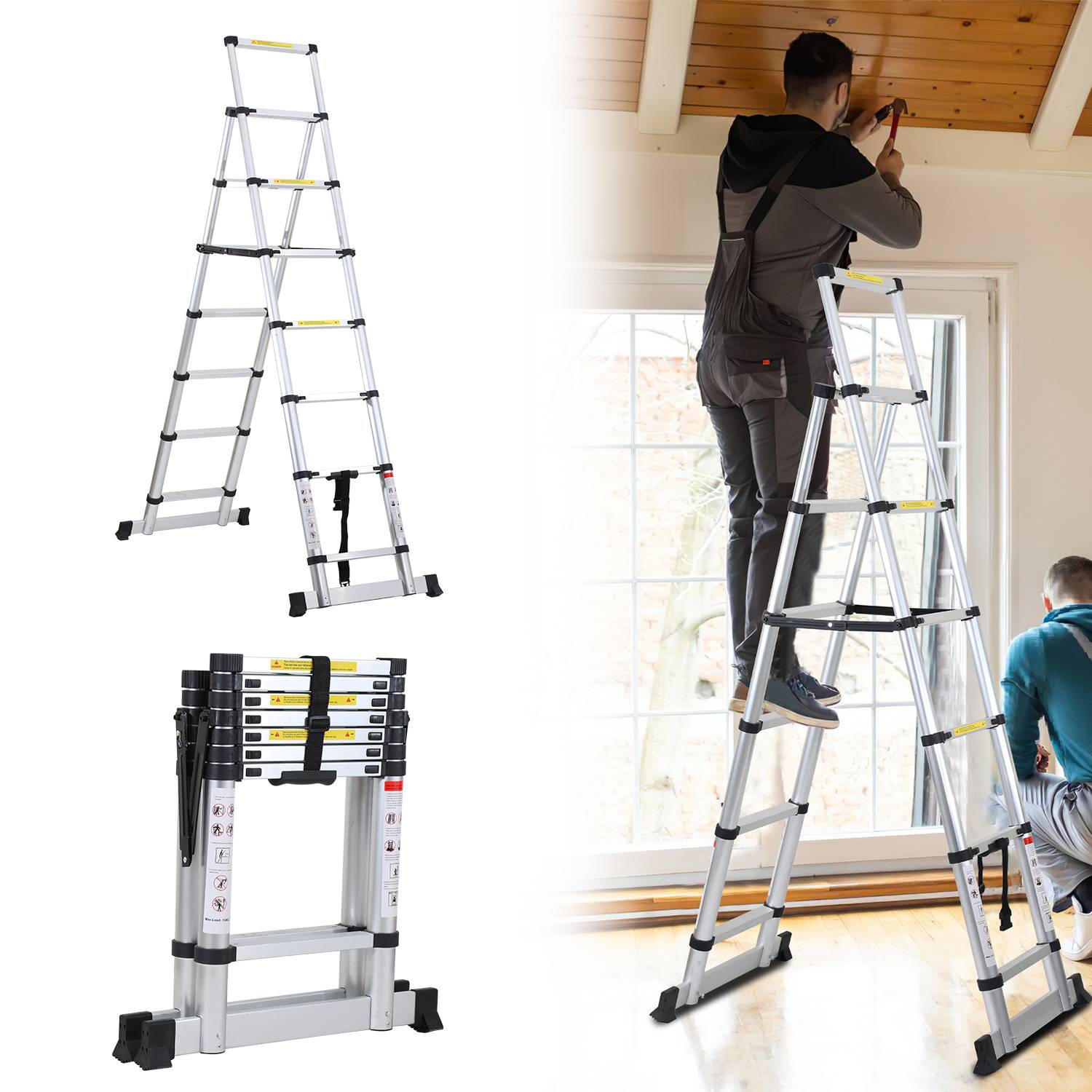Aluminium Teleskopleiter 2,3M Silber, Leiter Ausziehbar Klappleiter, Mehrzweckleiter, Stehleiter, Haushaltsleiter, Außenleiter, 150 kg Belastbarkeit
