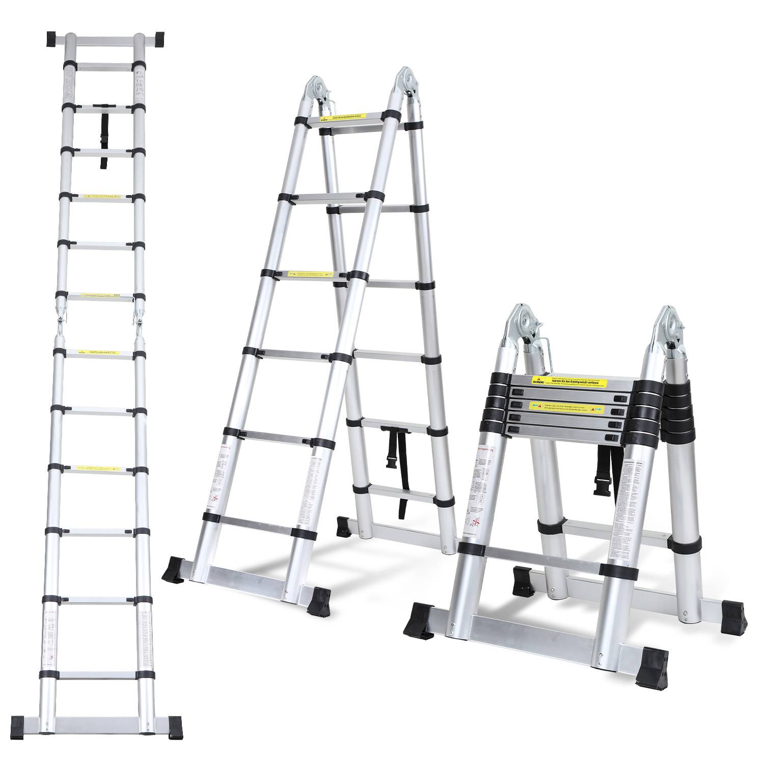 Aluminium Teleskopleiter 3,8M Silber, Leiter Ausziehbar Klappleiter, Mehrzweckleiter, Stehleiter, Haushaltsleiter, Außenleiter, 150 kg Belastbarkeit