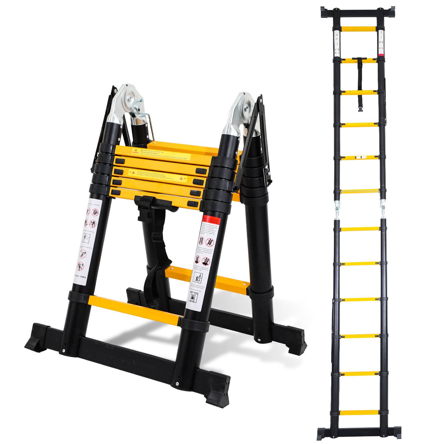 Aluminium Teleskopleiter 3,8M schwarz, Leiter Ausziehbar Klappleiter, Mehrzweckleiter, Stehleiter, Haushaltsleiter, Außenleiter, 150 kg