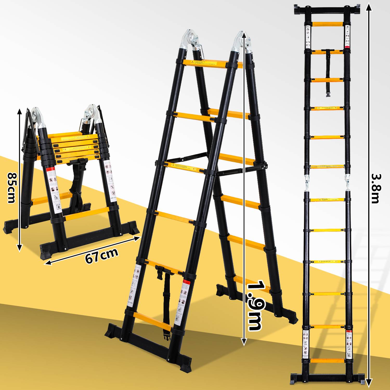 Aluminium Teleskopleiter 3,8M schwarz, Leiter Ausziehbar Klappleiter, Mehrzweckleiter, Stehleiter, Haushaltsleiter, Außenleiter, 150 kg