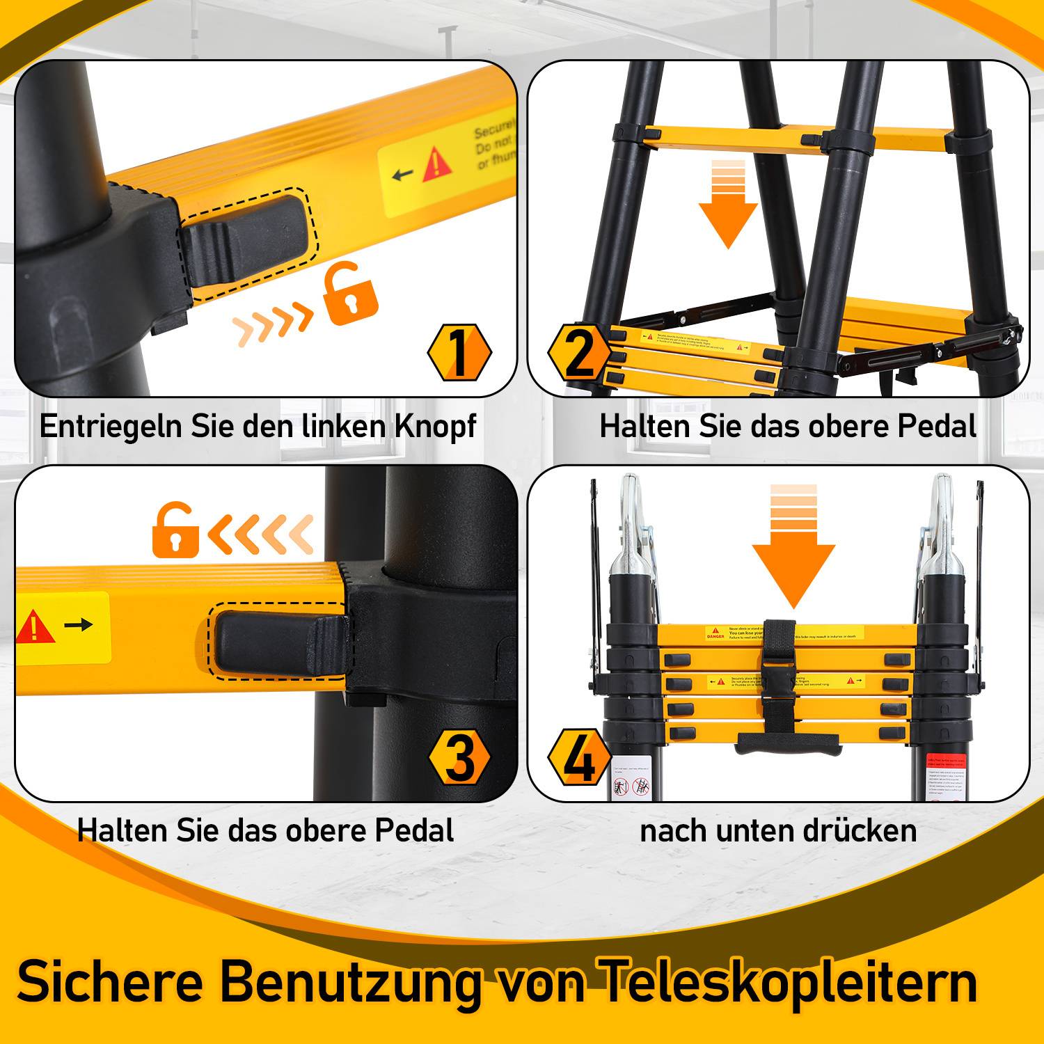 Profi Teleskopleiter 3,8M schwarz Aluminium 150kg Tragkraft Mehrzweckleiter rutschfeste Gummifüße