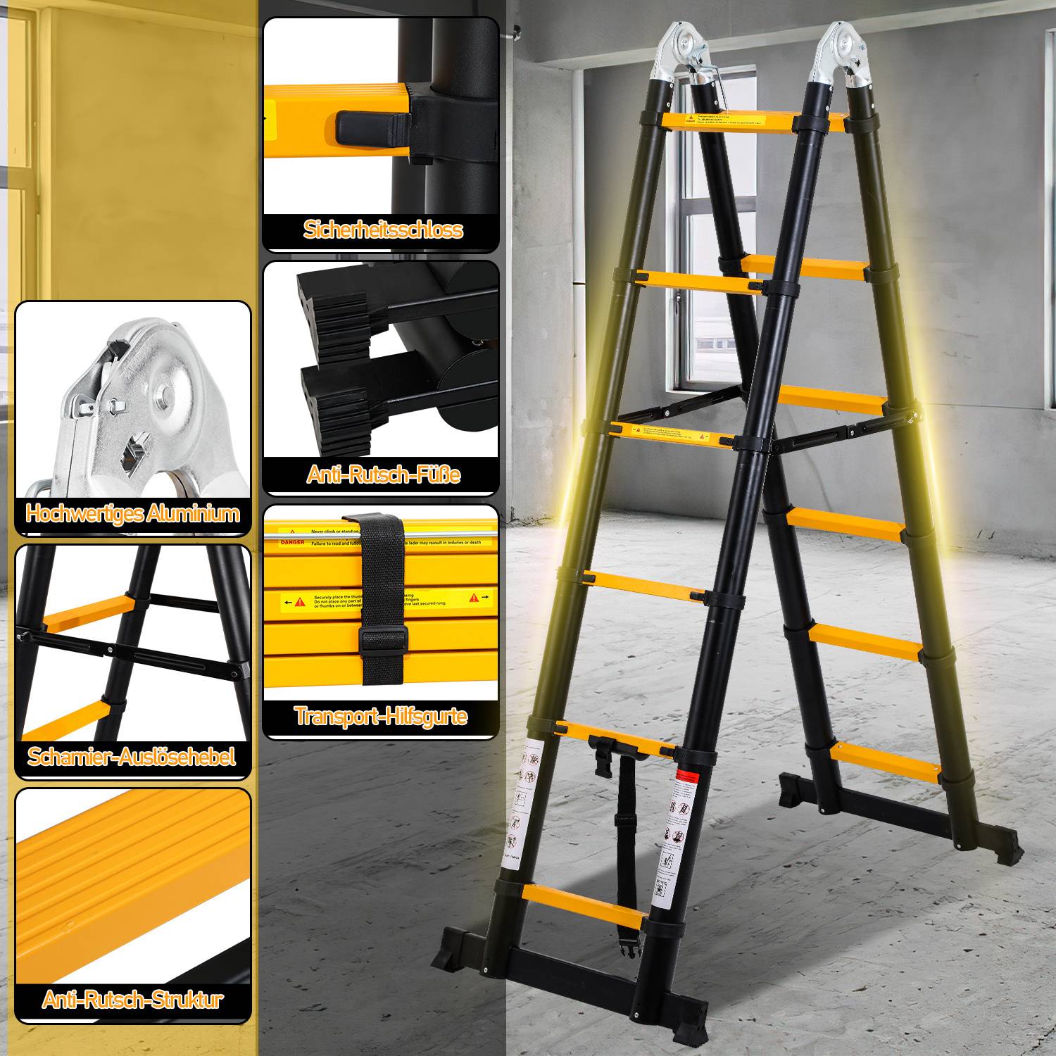 Aluminium Teleskopleiter 3,8M schwarz, Leiter Ausziehbar Klappleiter, Mehrzweckleiter, Stehleiter, Haushaltsleiter, Außenleiter, 150 kg