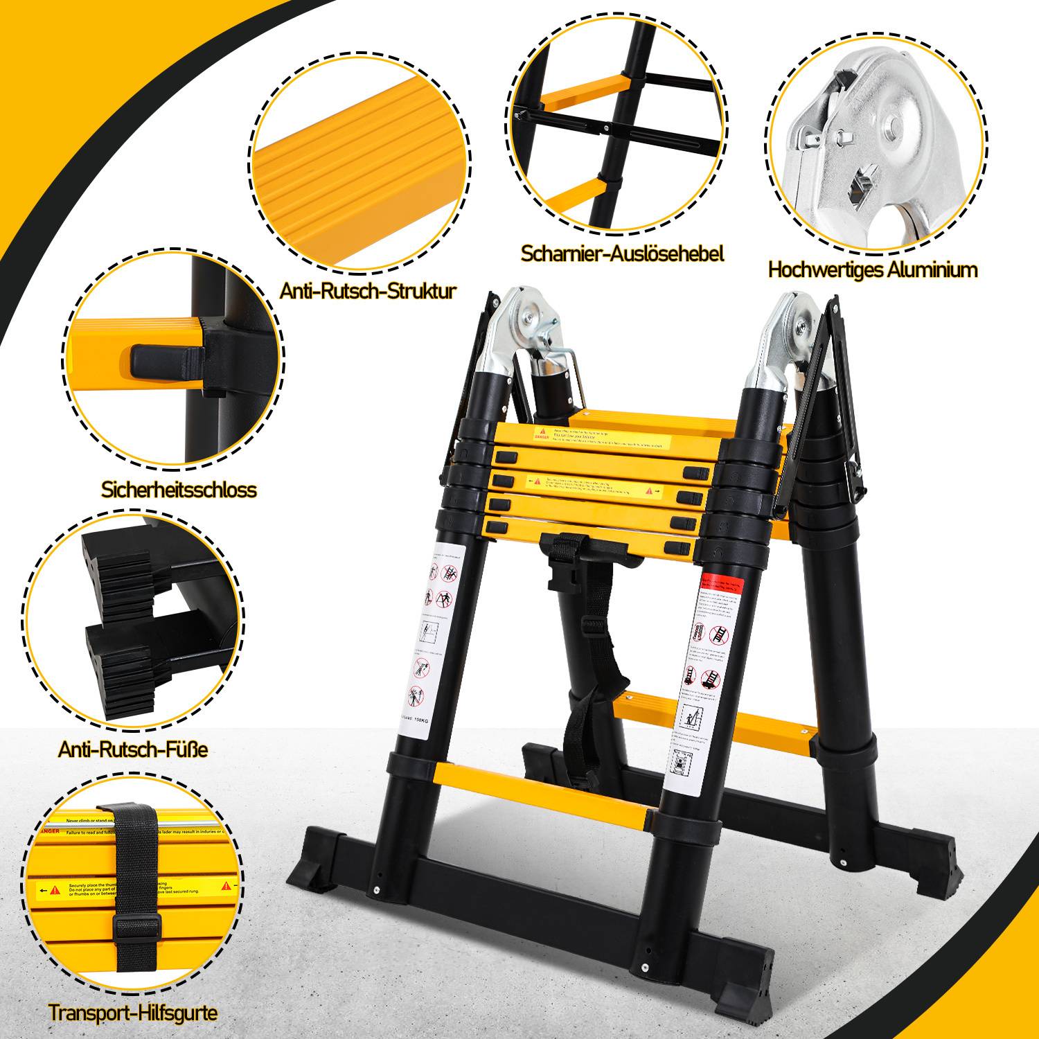 Aluminium Teleskopleiter 5M schwarz, Leiter Ausziehbar Klappleiter, Mehrzweckleiter, Stehleiter, Haushaltsleiter, Außenleiter, 150 kg Belastbarkeit