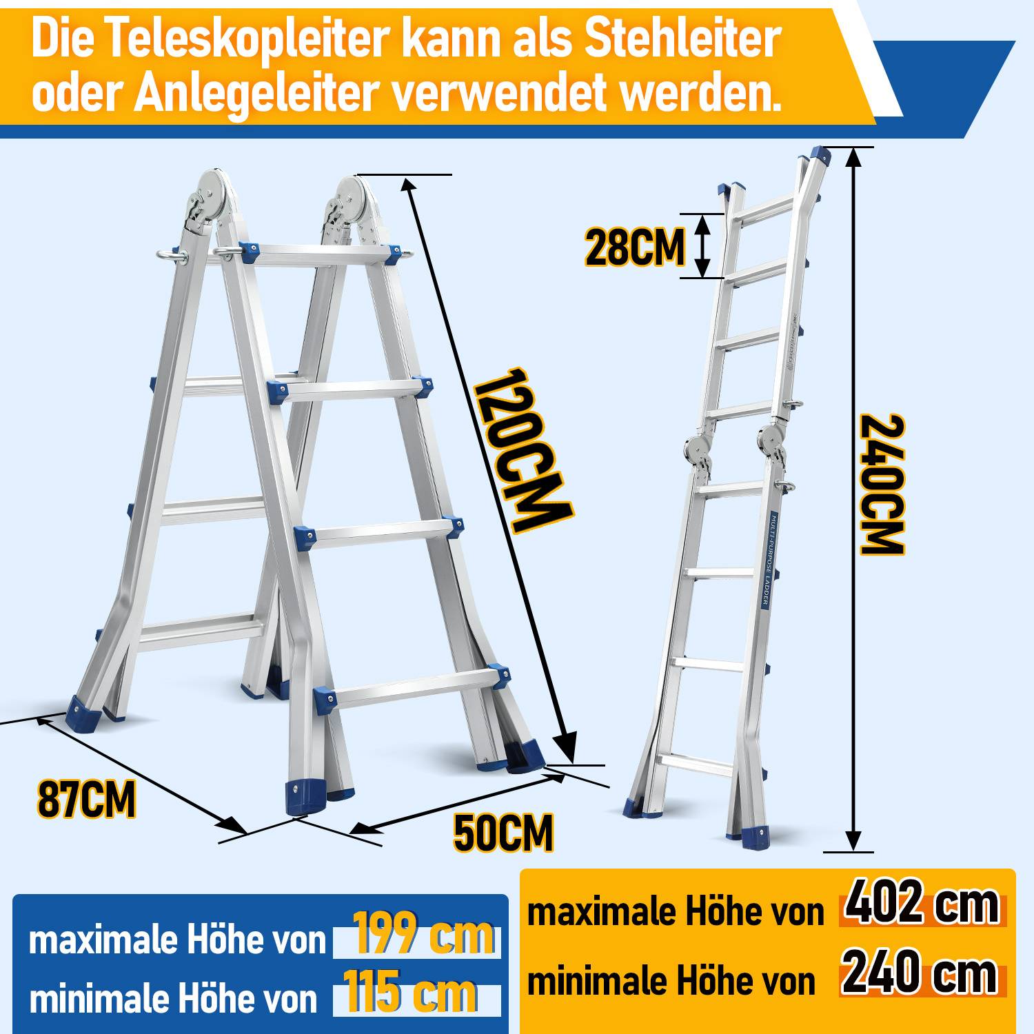 Profi Teleskopleiter 2,4M Silber Aluminium 150kg Tragkraft Mehrzweckleiter rutschfeste Gummifüße