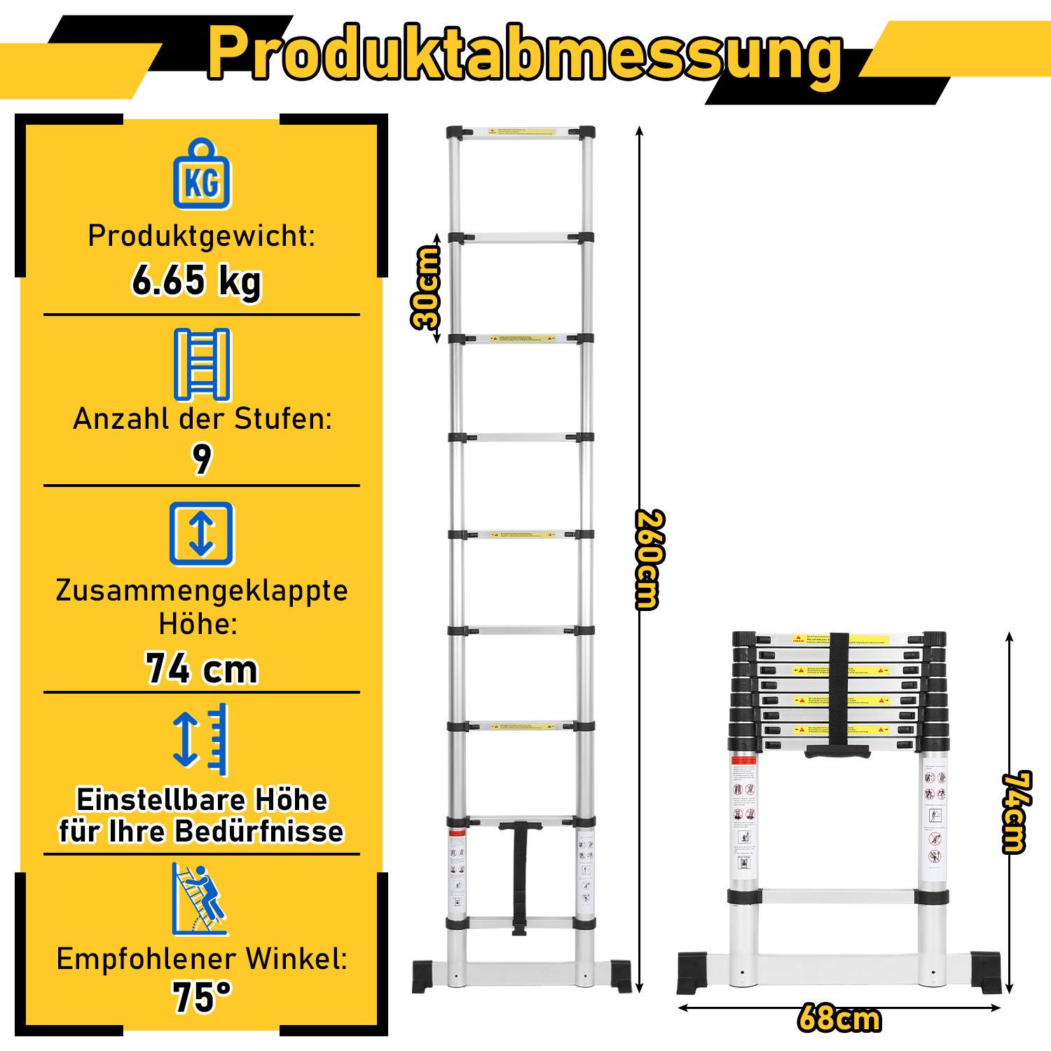 Profi Teleskopleiter 2,6M Aluminium 150kg Tragkraft Mehrzweckleiter rutschfeste Gummifüße mit Stabilisator